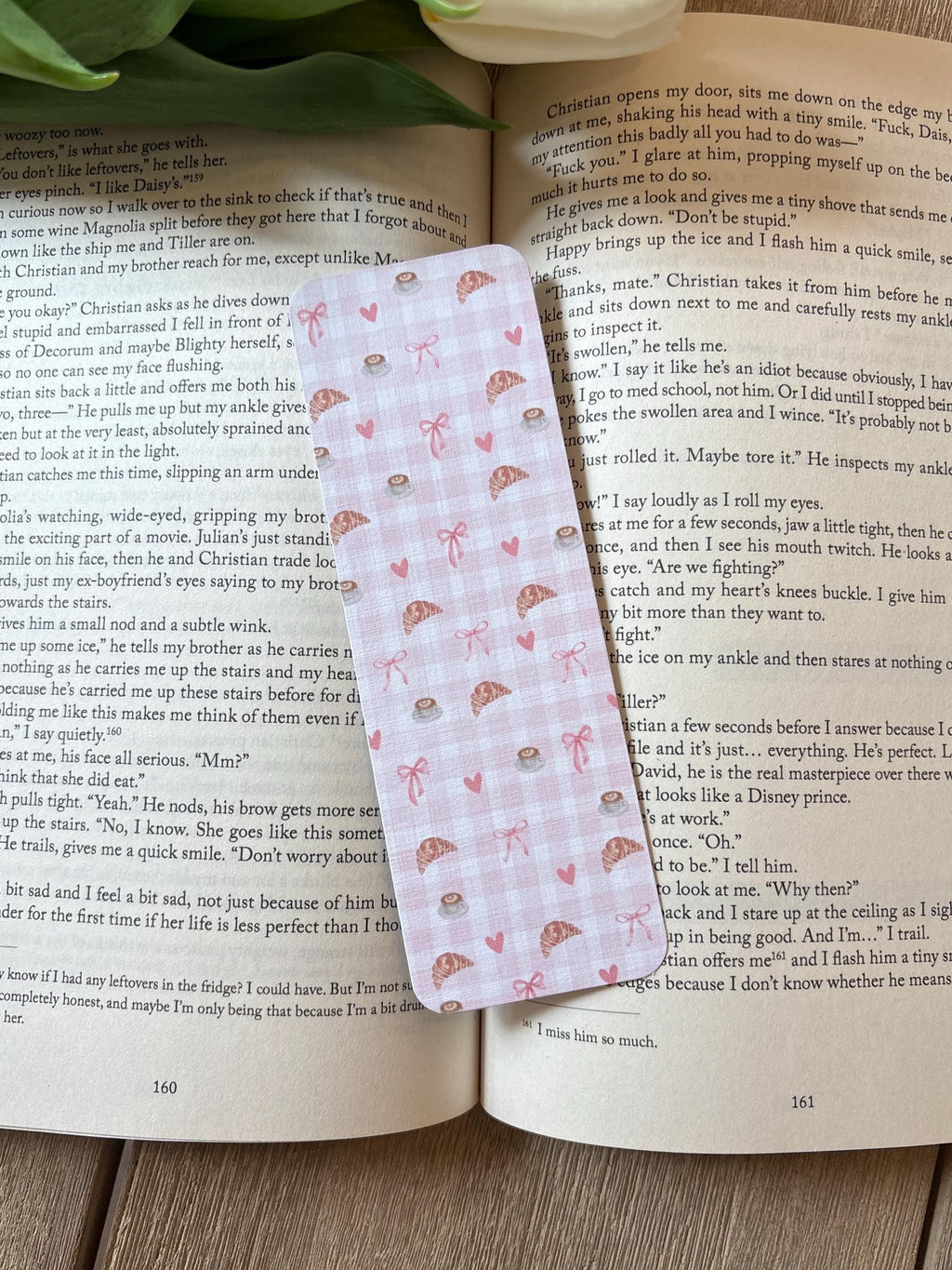 Pink Coquette Bookmark, Croissant & Coffee Pattern