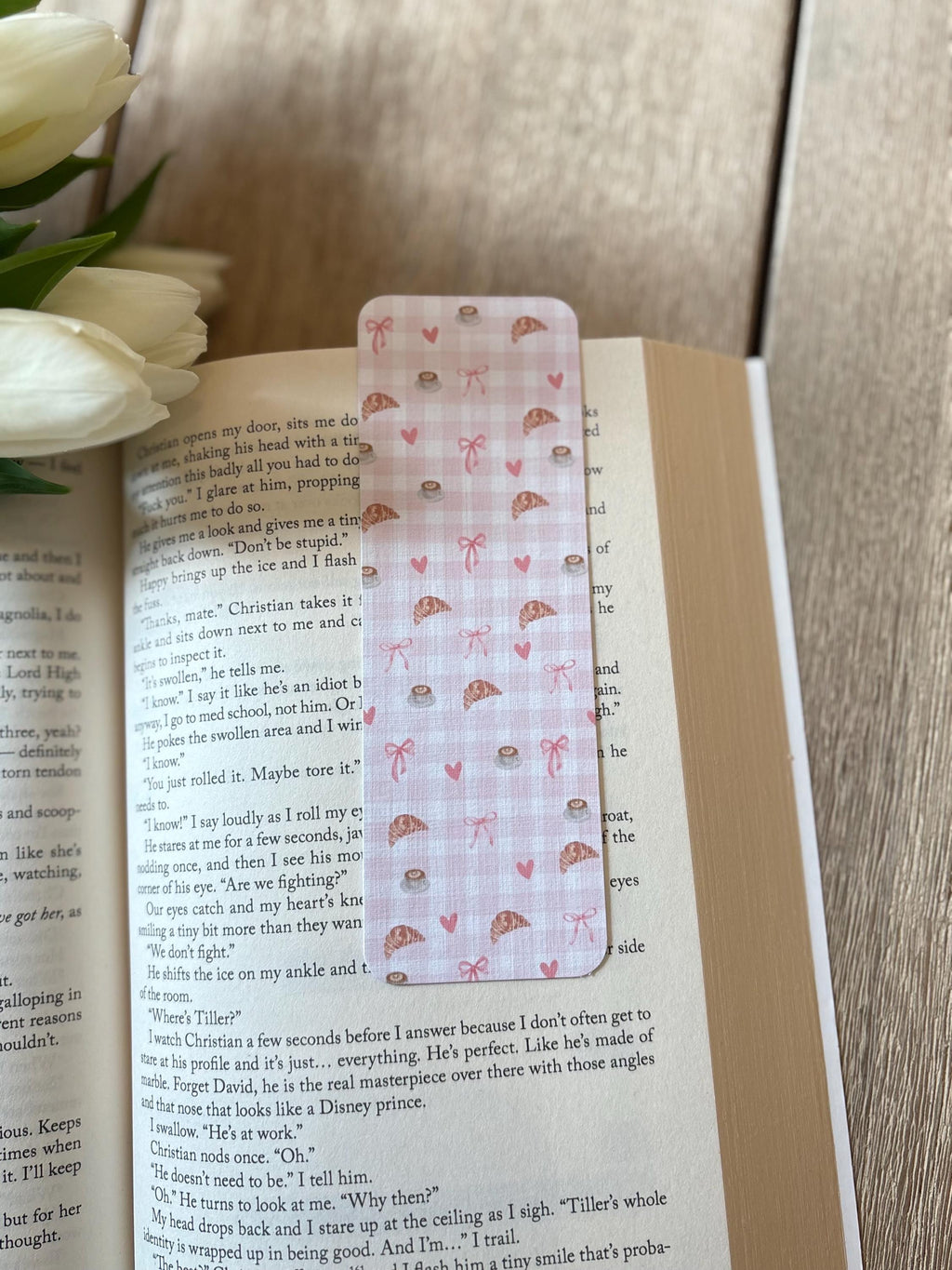 Pink Coquette Bookmark, Croissant & Coffee Pattern