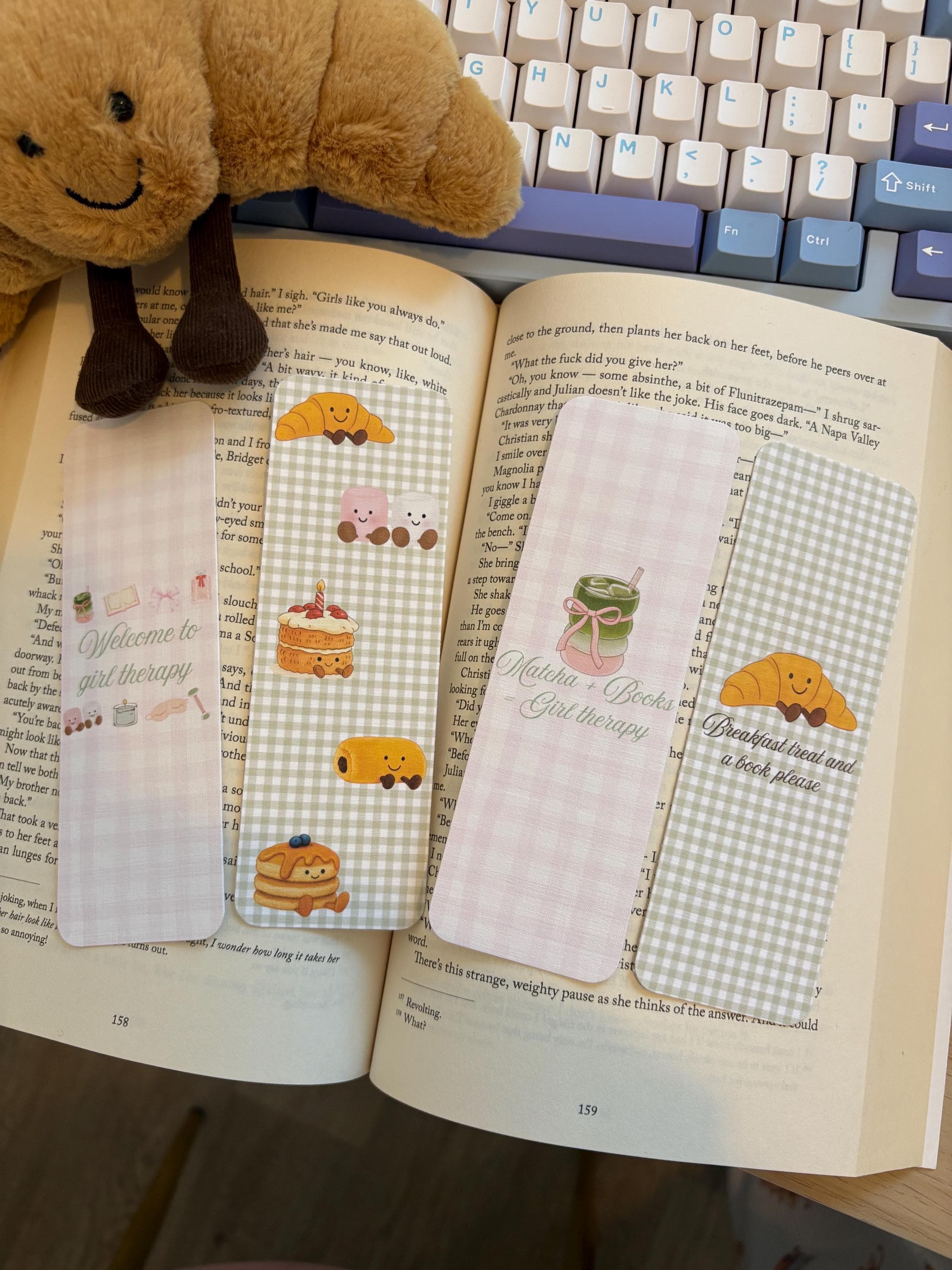 Girly Gingham Bookmarks/ matcha, girl therapy, pastries plushie bookmarks